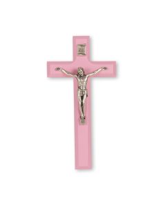 7" Pink Wood Cross with Antiqued Silver Finish Corpus