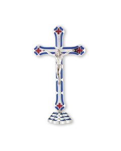 5" Silver Finished Standing Crucifix with Blue and Red Epoxy