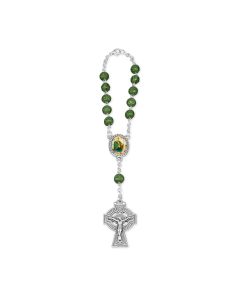 6mm Round Glass Shamrock Bead Auto Rosary with Celtic Crucifix, Double Sided St. Christopher and St Patrick Centerpiece