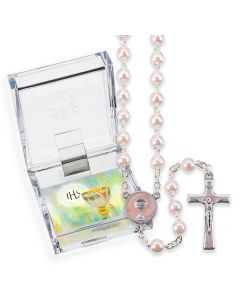 5mm Pink Pearlized Glass Bead First Communion Rosary, Boxed