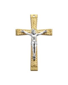 2" Gold Finished Detailed Crucifix with Antiqued Silver Oxidized Corpus