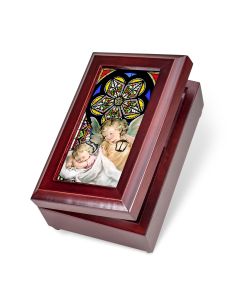 Mahogany Guardian Angel with Lantern Stained Glass Music Box