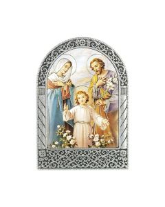 Antique Silver Metal Arched Easel with Gold Embossed Holy Family Print