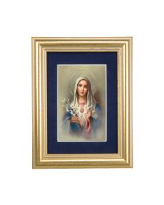 5 1/4" x 6 3/4" Gold Leaf Frame-Navy Blue Matte with a 2 1/2" x 3 3/4" Immaculate Heart of Mary Print