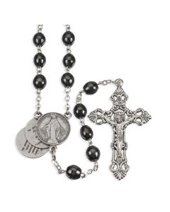 Black Wood Bead Rosary with 20 Mysteries of the Rosary Centerpiece