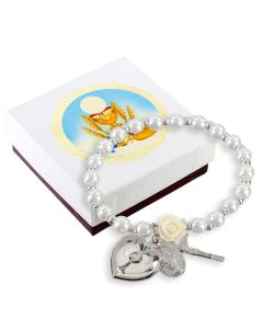 5mm White Pearl Bracelet with an off White Rose Our Father Bead-Pearlized Epoxied Heart with Chalice-Cross and Miraculous Medal-P65