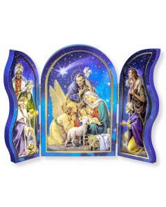 Nativity Scene with Christmas Blessings Standing Blue Wood Triptych