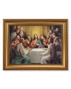 15 1/2" x 19 1/2" Antique Gold Leaf Beveled Frame with Bead Inlay and 12" x 16" Bonella: Last Supper Textured Art