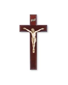 10" Dark Cherry Wood Cross with Museum Gold Finish Antiqued Corpus