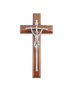 8" Hand Polished Genuine Pewter Papal Crucifix Mounted on 10" Walnut Cross. Gift Boxed. 