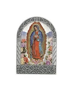 Antique Silver Metal Arched Easel with Gold Embossed Our Lady of Guadalupe Help Print