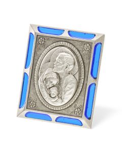 Holy Family Antiqued Silver Metal Plaque with Blue Accents