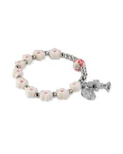 8mm White Floral Shape Fimo Bead Stretch Rosary Communion Bracelet - P65