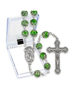 Filigree Capped Emerald Bead Rosary, Boxed