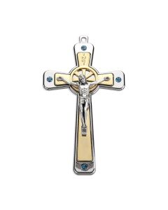 5" Silver and Gold Crucifix with Light Blue Austrian Set Crystals