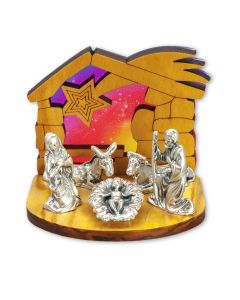 2" Wood Nativity with Metal Figurines and Colored Backdrop