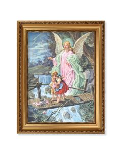 15 1/2" x 19 1/2" Antique Gold Leaf Beveled Frame with Bead Inlay and 12" x 16" Guardian Angel Textured Art