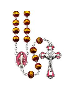 8mm Garnet and Gold Foiled Glass Bead Rosary with Epoxied Center and Crucifix, Boxed