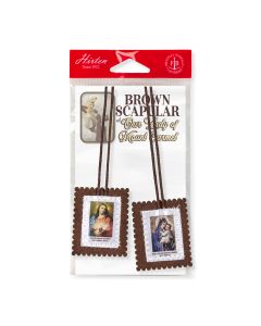 1 1/2" x 2" Sacred Heart and Our Lady of Mt. Carmel Brown Felt Scapular on Brown Cord 21"