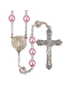 Pink Pearl Bead Rosary with Floral Our Father Beads