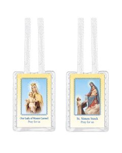 1 1/2" X 1 3/4" O.L of Mt. Carmel and St. Simon Stock Scapular with White Cords Sealed in Soft Plastic Case-P65