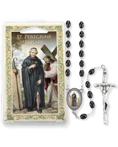 Black Wood Bead Saint Peregrine Specialty Rosary Boxed