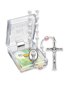 5mm White and Rose Pearlized Glass Bead Rosary with Chalice Centerpiece and Italian Crucifix, Boxed