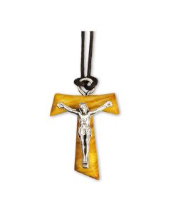 1" Olive Wood Tau Cross with Corpus on a Brown Cord