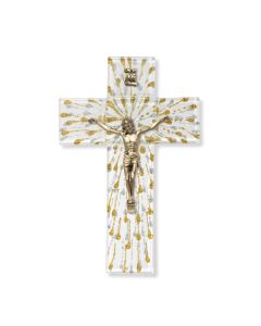 7" Gold and Silver Rays on White Glass Cross with Museum Gold Finish Corpus-P65