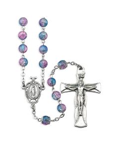 Aqua and Fuchsia Crackle Bead Rosary, Boxed