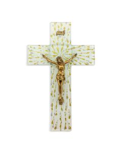 10" Gold and Silver on White Glass Cross with Museum Gold Tone Corpus-P65