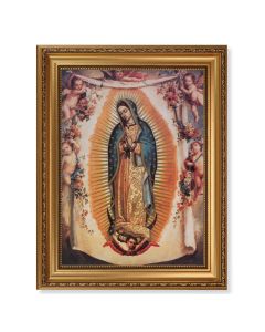 15 1/2" x 19 1/2" Antique Gold Leaf Beveled Frame with Bead Inlay and 12" x 16" Our Lady of Guadalupe with Angels Textured Art