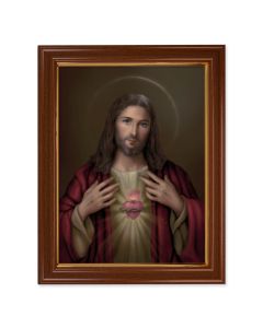 15 1/2" x 19 1/2" Walnut Finish Frame with Gold Accent and a 12" x 16" Sacred Heart of Jesus Textured Art