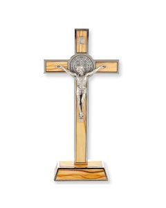 7 3/4 Saint Benedict Standing Wood Crucifix with Silver Trim