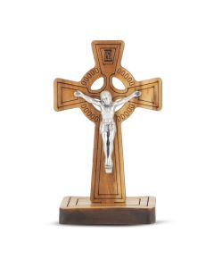 2" Standing Olive Wood Celtic Crucifix with Silver Oxidized Corpus