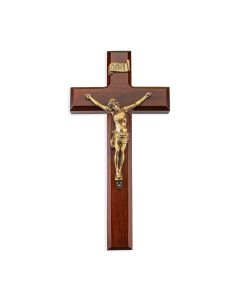 10" Dark Cherry Wood Cross with Museum Gold Finish Corpus
