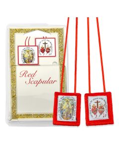 1 3/4" X 2" Crucifixion and Sacred Hearts Genuine Red Wool Scapular in Deluxe Packaging.