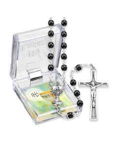 5mm Black Bead Rosary with Chalice Centerpiece and Italian Crucifix, Boxed