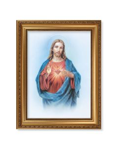 15 1/2" x 19 1/2" Antique Gold Leaf Beveled Frame with Bead Inlay and 12" x 16" Sacred Heart of Jesus Textured Art