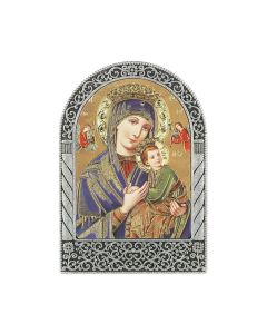 Antique Silver Metal Arched Easel with Gold Embossed Our Lady of Perpetual Help Print