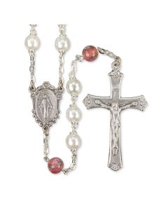 White Pearl Bead Rosary with Floral Our Father Beads