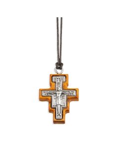 Olive Wood Cross with a San Damiano Silver Oxidized Inlay on a Brown Cord