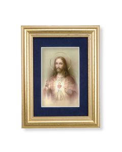 5 1/4" x 6 3/4" Gold Leaf Frame-Navy Blue Matte with a 2 1/2" x 3 3/4" Sacred Heart of Jesus Print