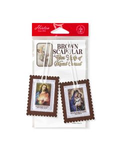 2 1/2" x 3 1/4" Sacred Heart and Our Lady of Mt. Carmel Brown Felt Scapular on White Cord 21"