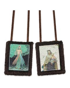 1 3/4" x 2"  Divine Mercy and Our Lady of Mt. Carmel Wool Brown Woven Scapular