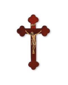 10" Budded Dark Cherry Wood Cross with a Museum Gold Finish Corpus