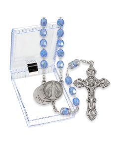 7mm Sapphire Aurora Borealis Mystery Center Rosary in a Plastic Hinged Box 