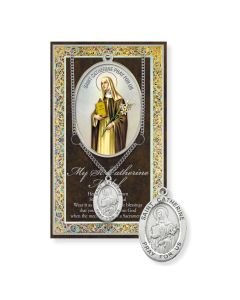 Saint Catherine Genuine Pewter Medal on a 18" Chain with Biography and Picture Folder