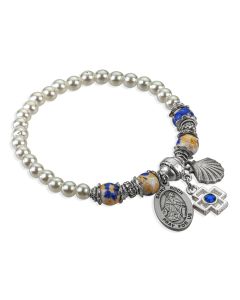 Floral and Pearl Blessed Beads Bracelet with Saint Roch and Shell Medals