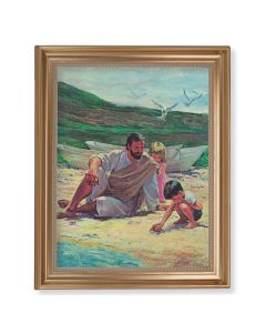 13 1/2" x 16 9/16" Gold Leaf Antique Finished Frame with 11" x 14"  Hook: Jesus on Beach with Children Textured Art